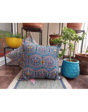 Craftinence Blue Damask Ajrakh Cushion Cover with Mirror & Hand Embroidery - Set of 2