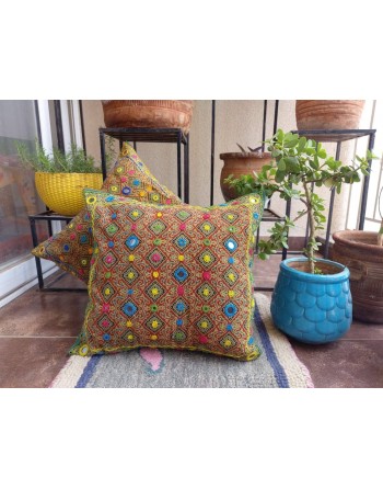 Craftinence Maroon Diamond Ajrakh Cushion Cover with Mirror & Hand Embroidery - Set of 2