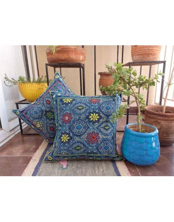 Craftinence Navy Blue Ajrakh Cushion Cover with Mirror & Hand Embroidery - Set of 2