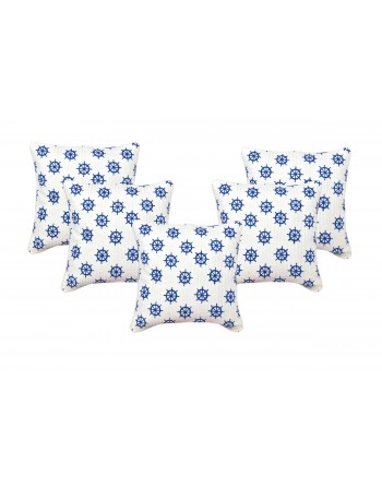 Craftinence Blue and White Sailor Wheel  Kantha Hand Block Printed Cushion Cover-Set of 5