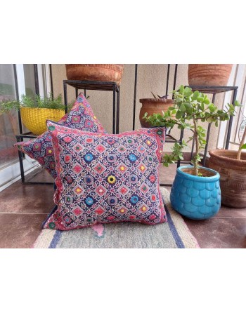 copy of Craftinence Blue Damask Ajrakh Cushion Cover with Mirror & Hand Embroidery - Set of 2