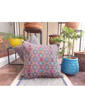 Craftinence Maroon and Blue Ajrakh Cushion Cover  with Mirror & Hand Embroidery - Set of 2