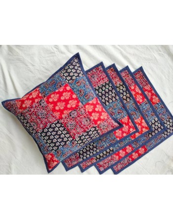 Craftinence Red -Blue Ajrakh Kantha Cushion Cover - Set of 5