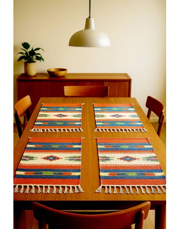 Poppy Table Mats Set of 4-13x17 Inches- Craftinence-Fringed Cotton Table Mats